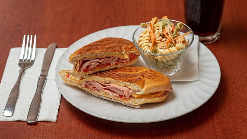 Ham and cheese panini with side macaroni salad