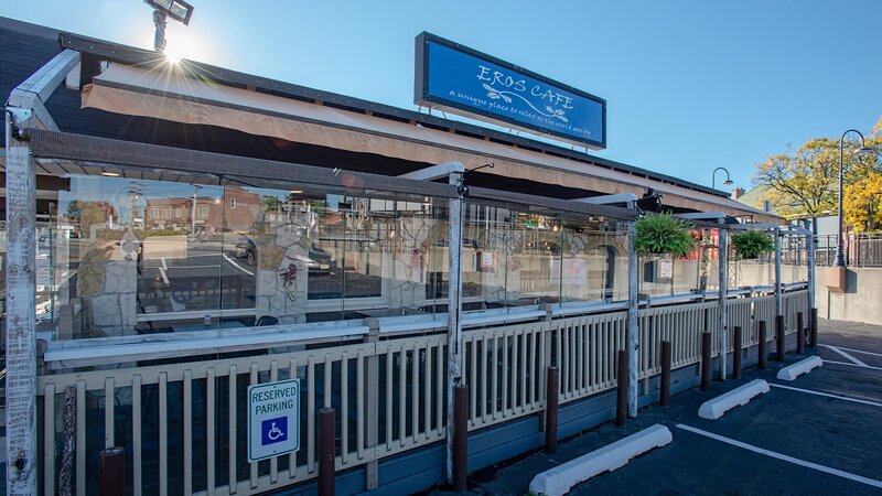 Front entrance of restaurant with patio seating