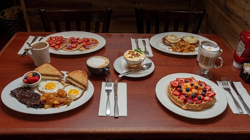 Plated breakfast entrees with assorted coffee drinks